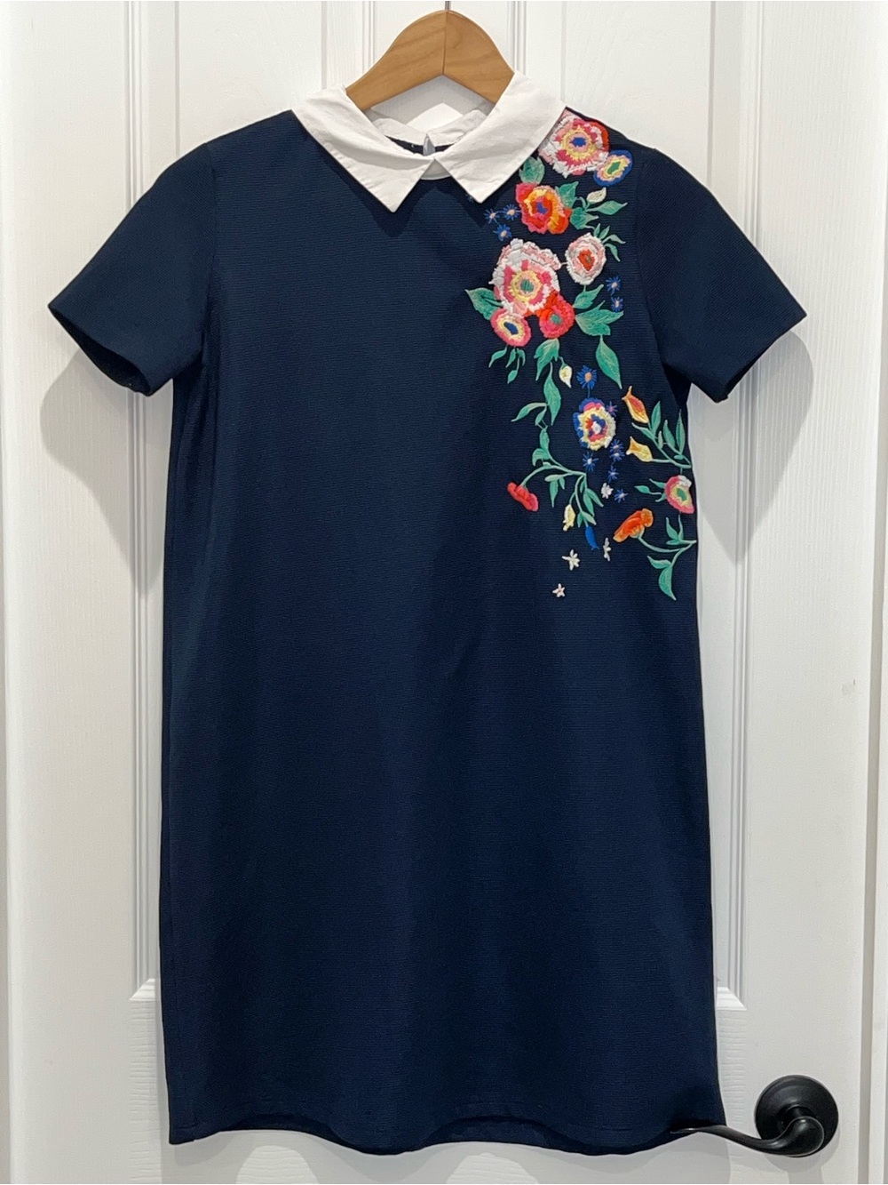 Zara Navy Mini Dress with White Collar and Multicolor Floral Embroidery
